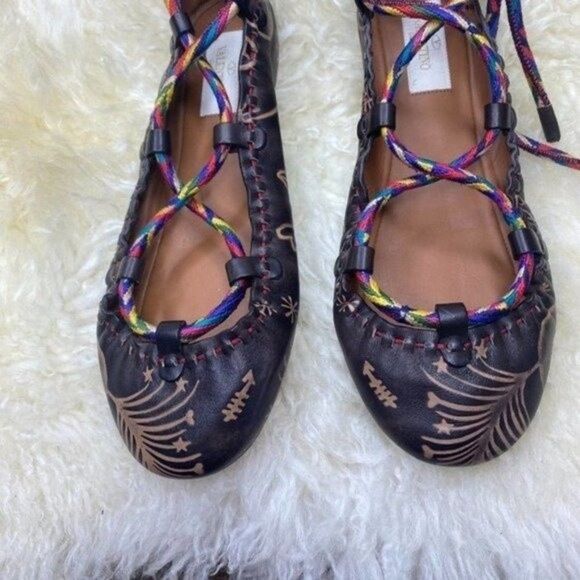 Valentino Brown Leather Bohemian Lace-Up Ballet Flats Shoes - Picture 4 of 7